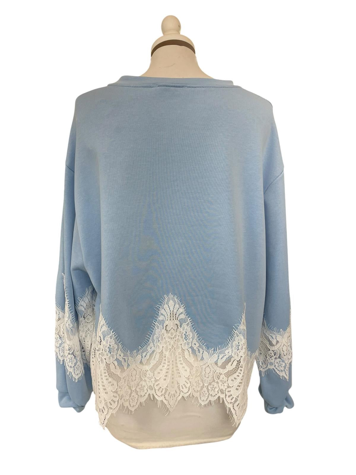 Felpa azzurra pizzo bianco