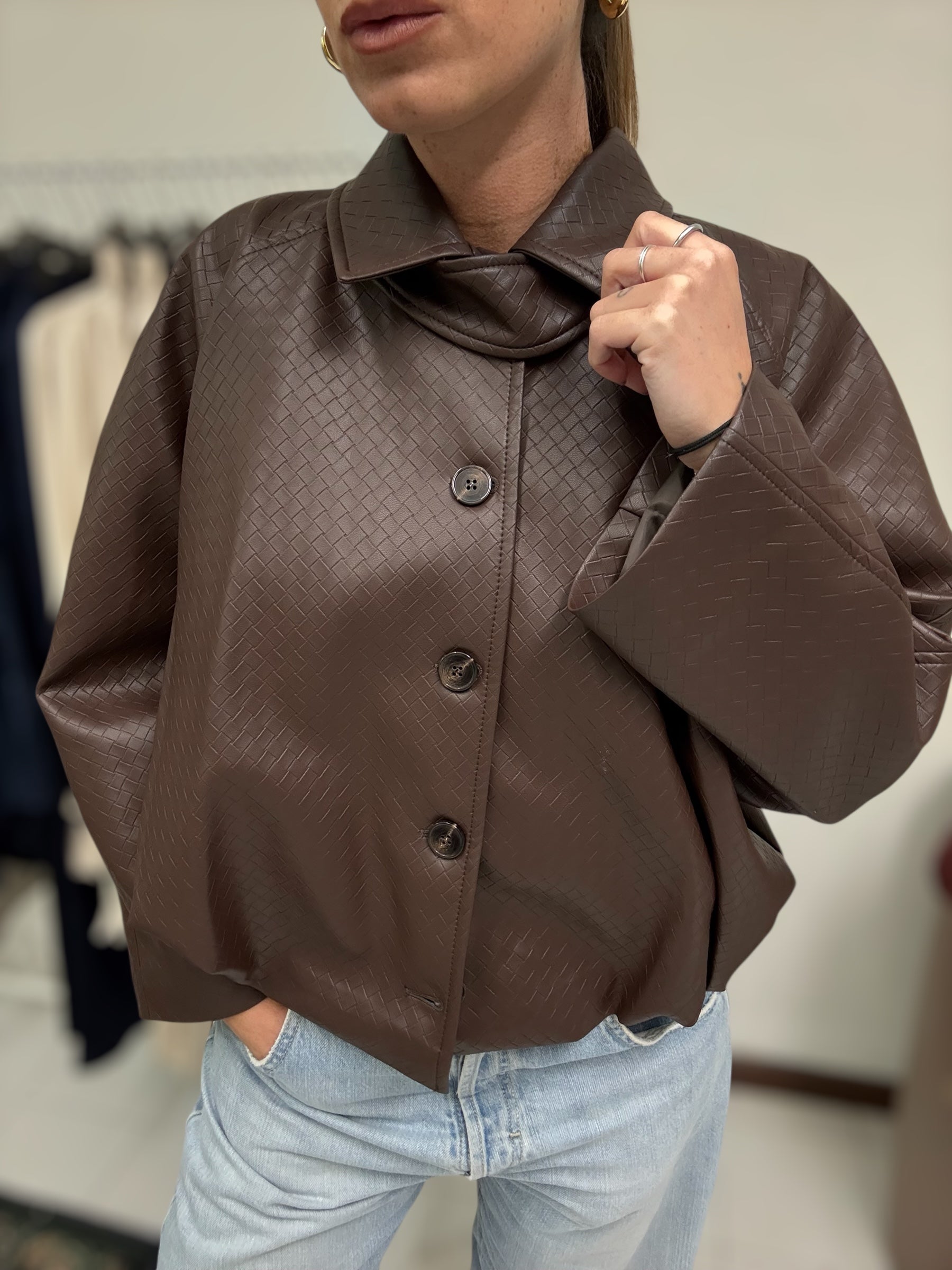 Bomber in ecopelle intrecciata moro