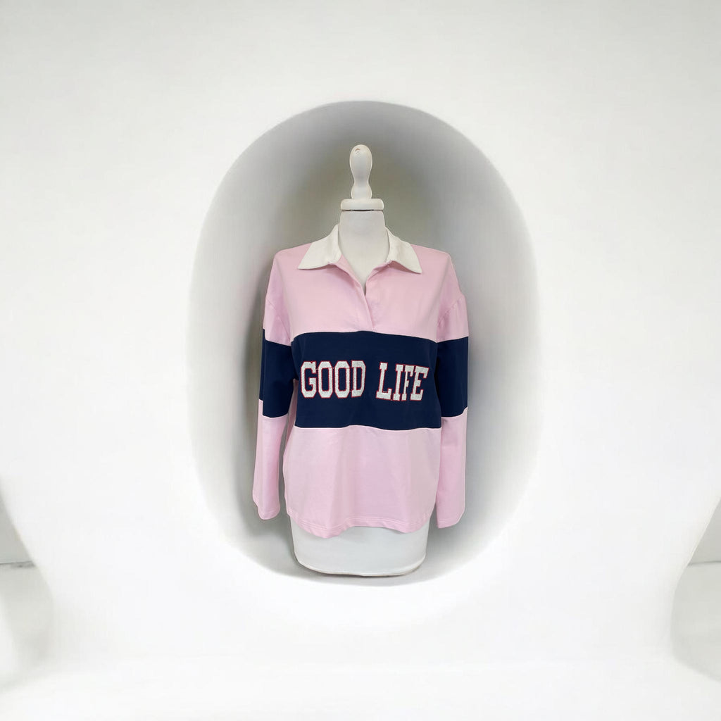 Polo Jersey scritta rosa/blu/panna