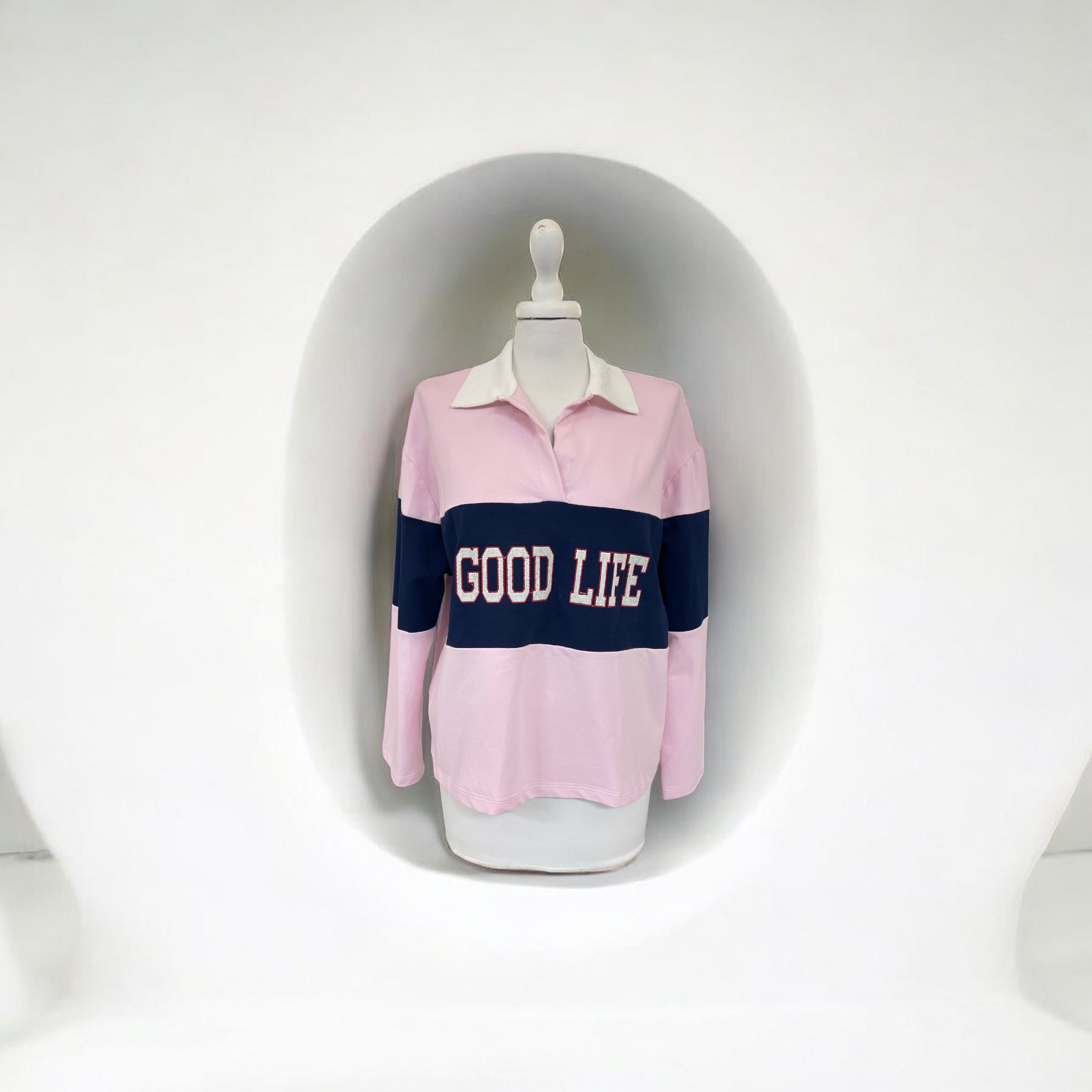 Polo Jersey scritta rosa/blu/panna