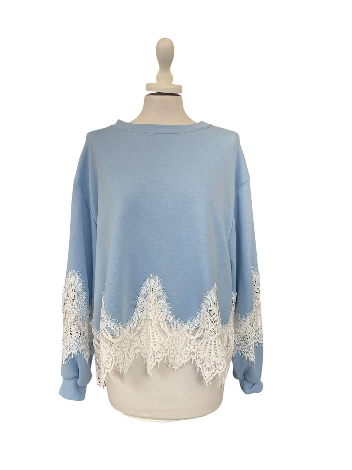 Felpa azzurra pizzo bianco