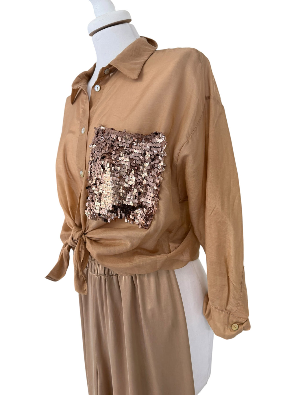 Camicia misto seta taschino in paiettes