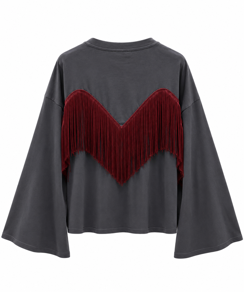 Maglia antracite con frangia e manica a campana 27M6300