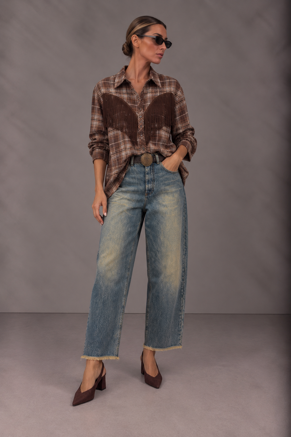 Camicia check con frange grigio/moro