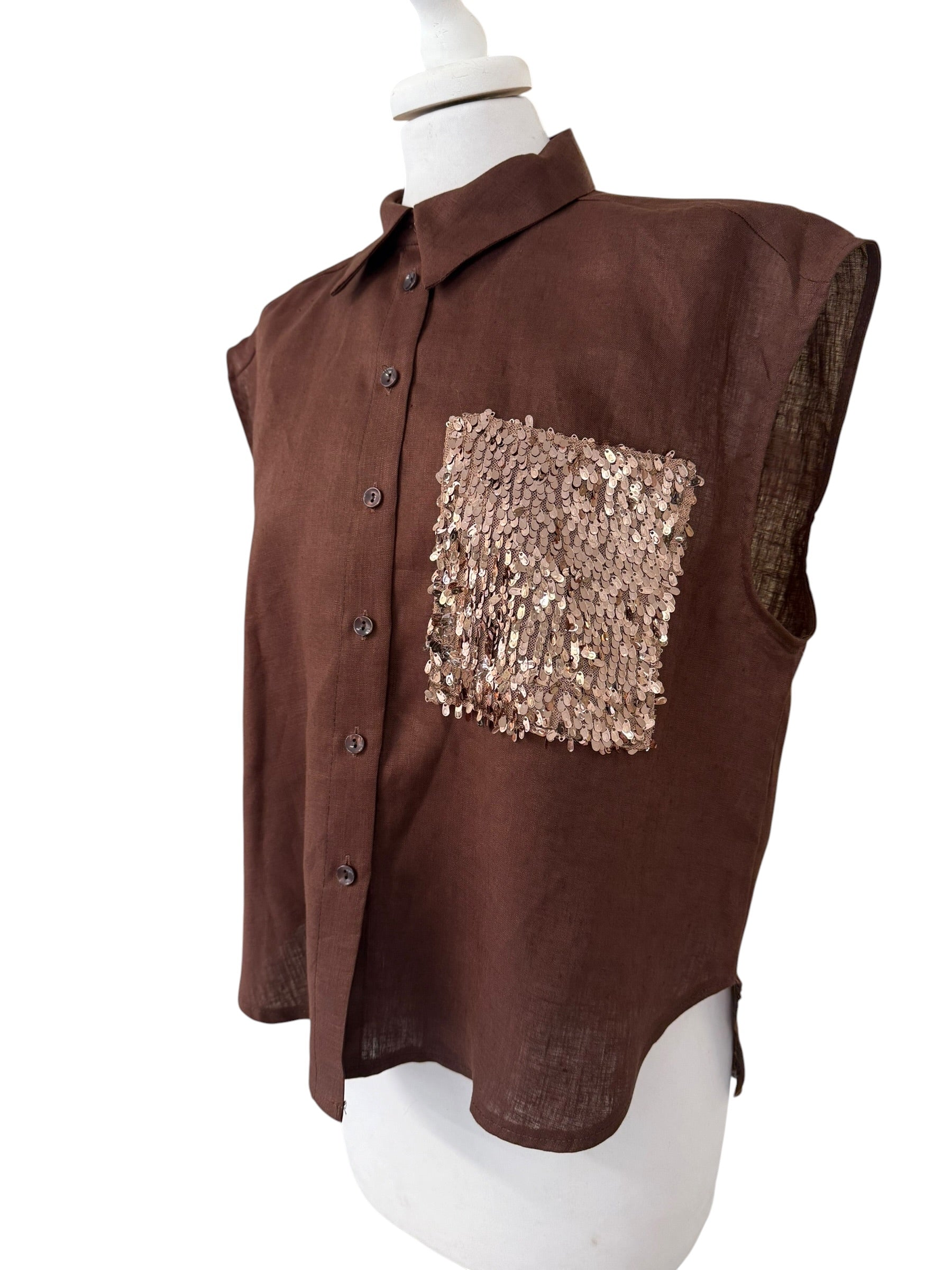 Camicia in lino con taschino in paiettes