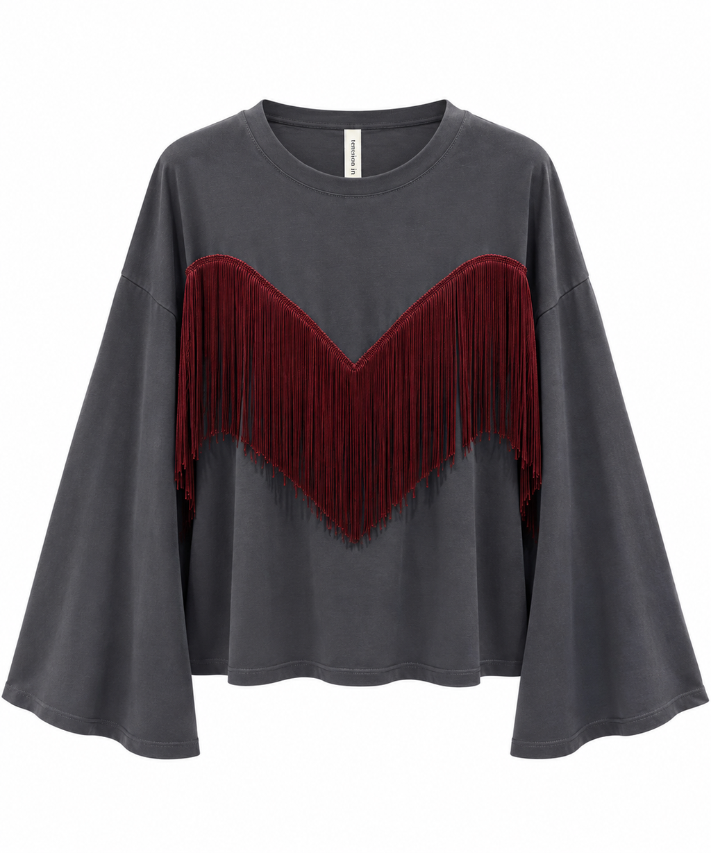 Maglia antracite con frangia e manica a campana 27M6300