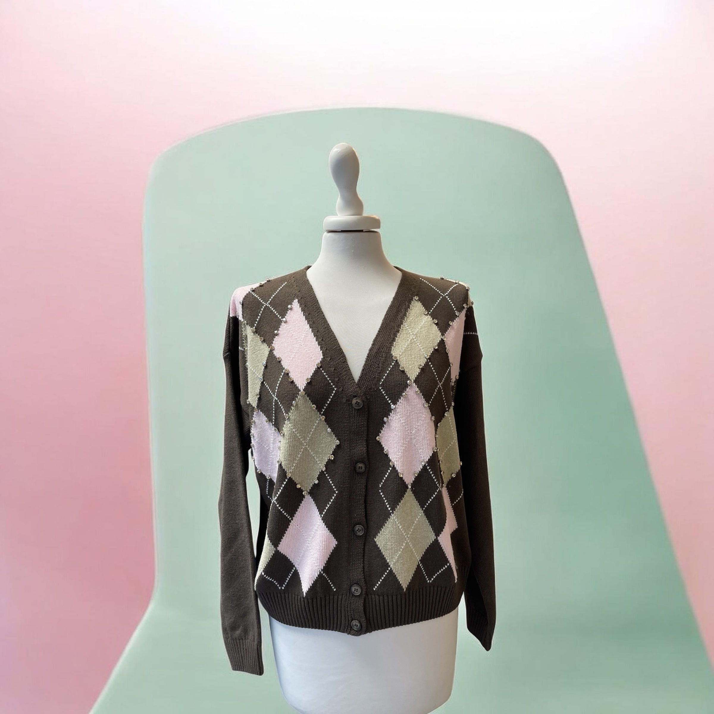 Cardigan rombi strass moro/rosa/beige