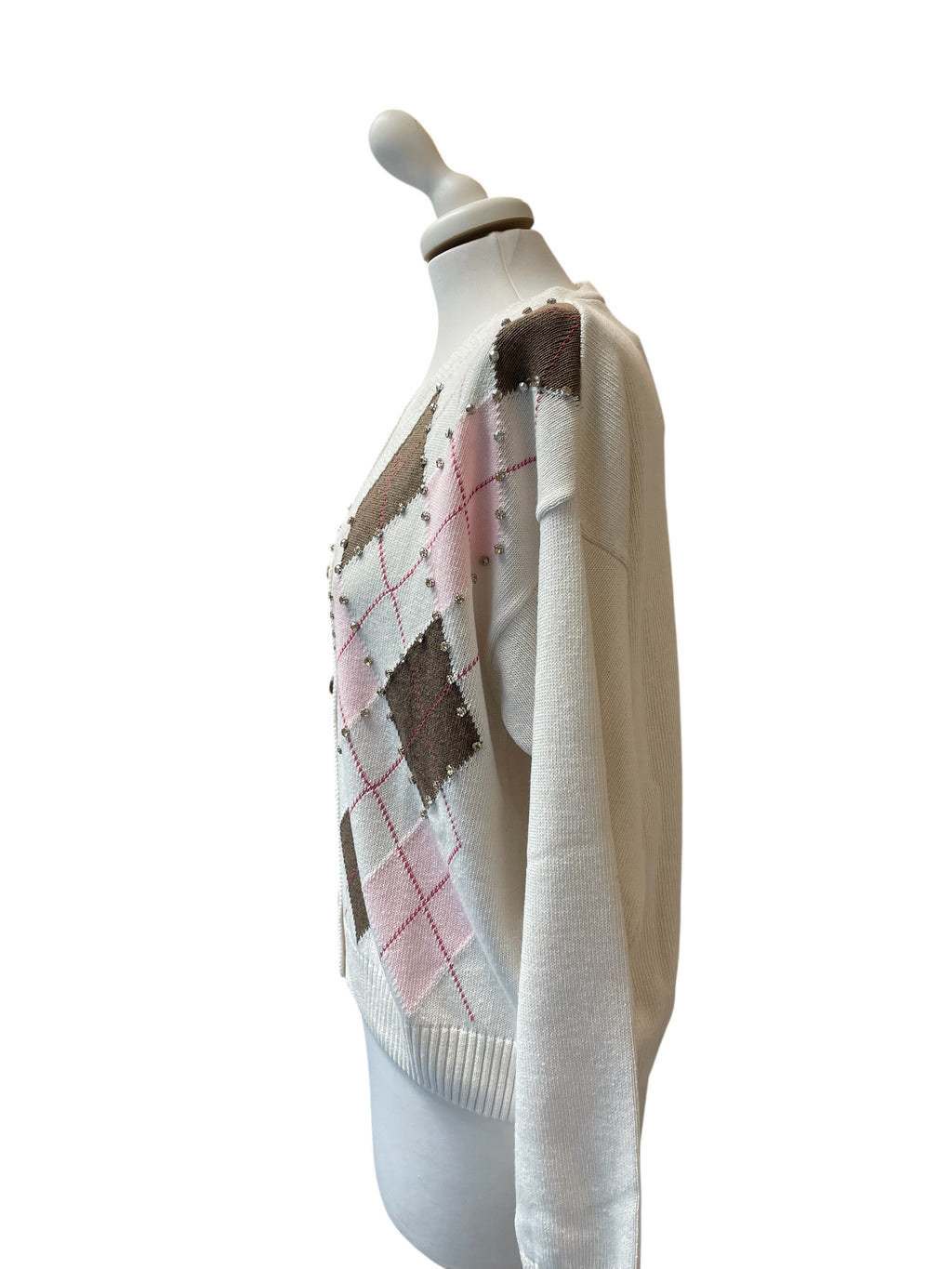 Cardigan rombi strass panna/rosa/moro