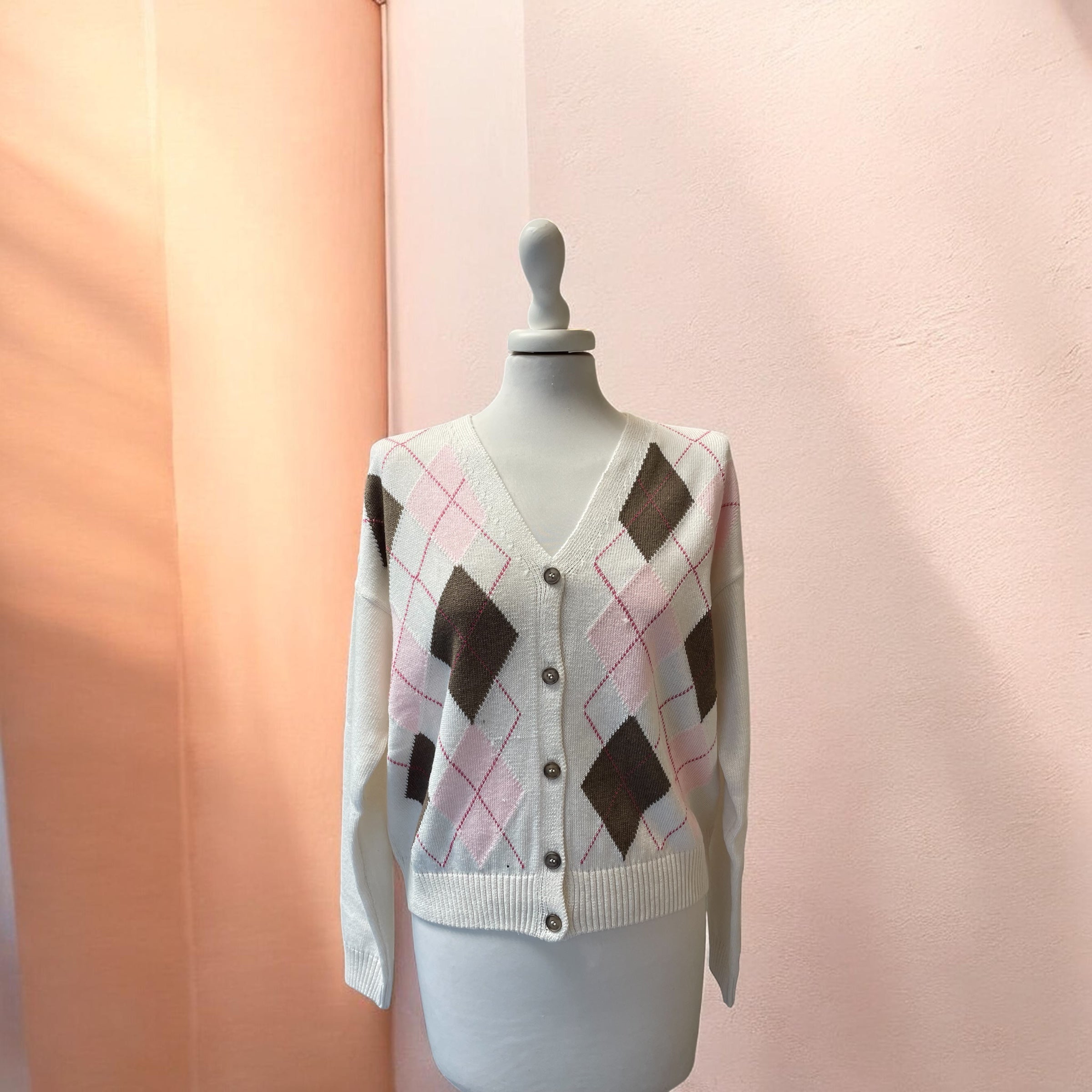 Cardigan rombi panna/rosa/moro