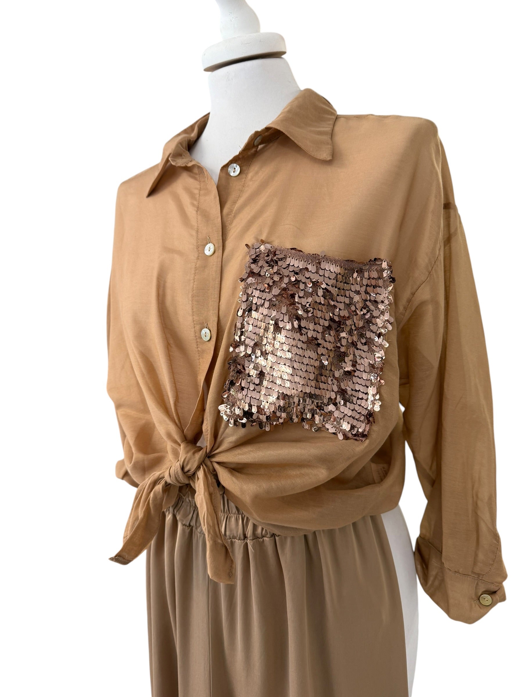 Camicia misto seta taschino in paiettes