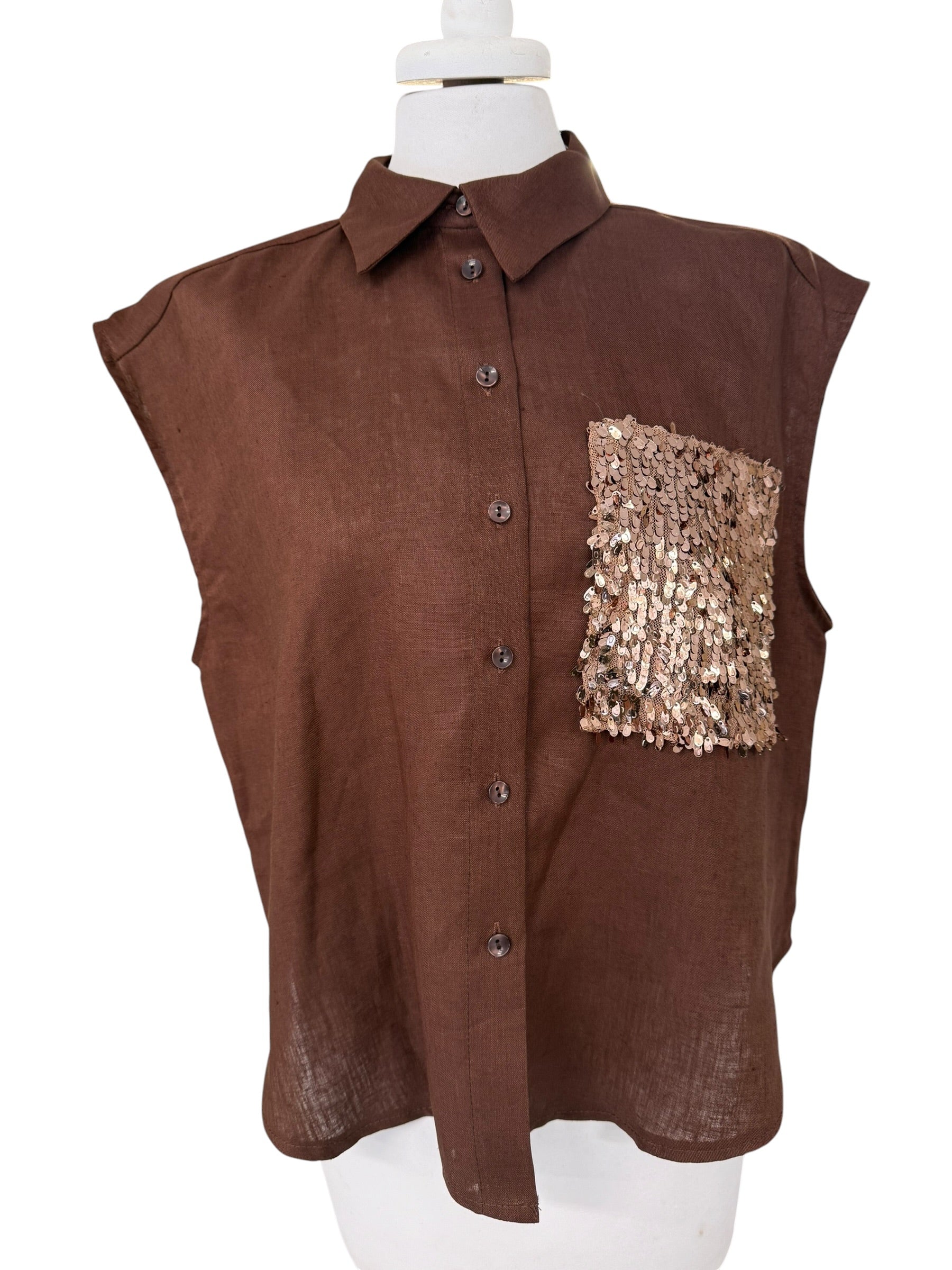Camicia in lino con taschino in paiettes