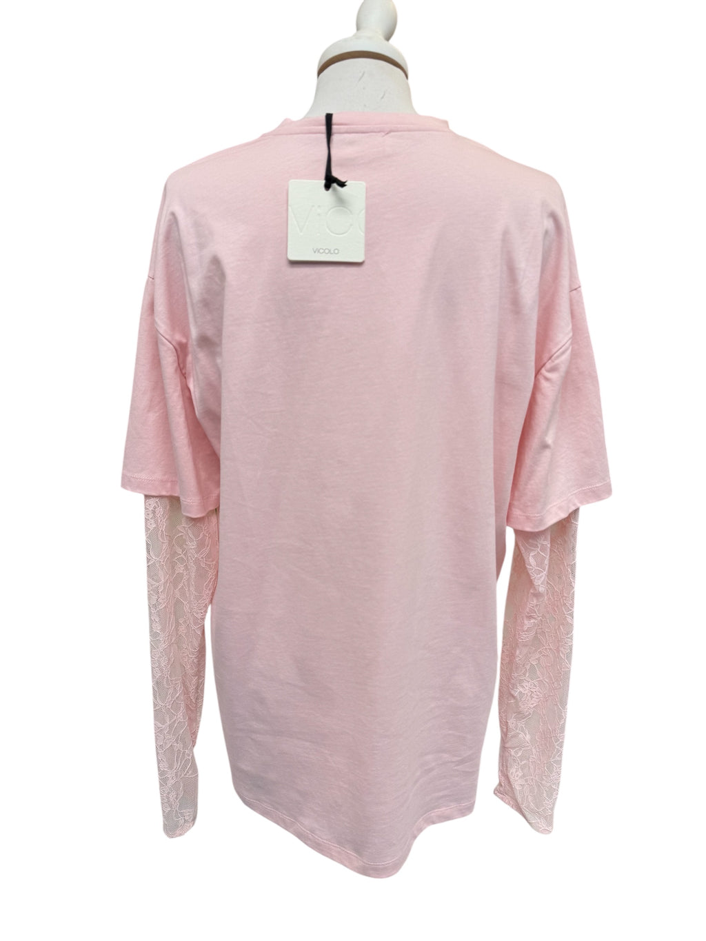 Maglia over manica pizzo rosa