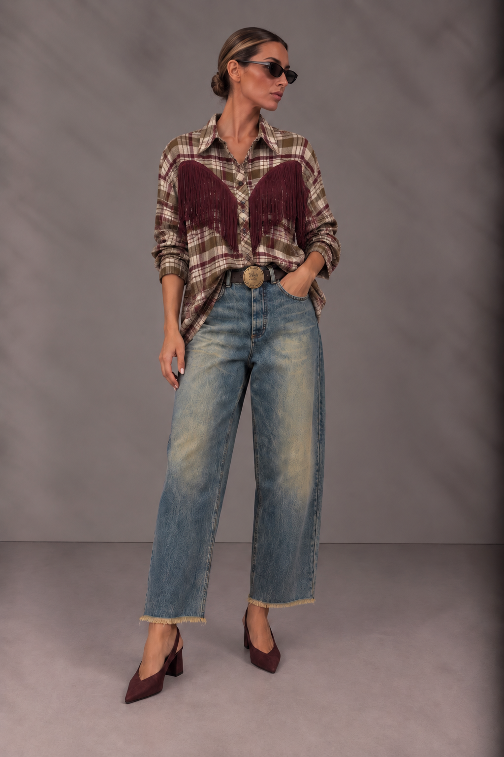 Camicia check frange beige/bordeaux