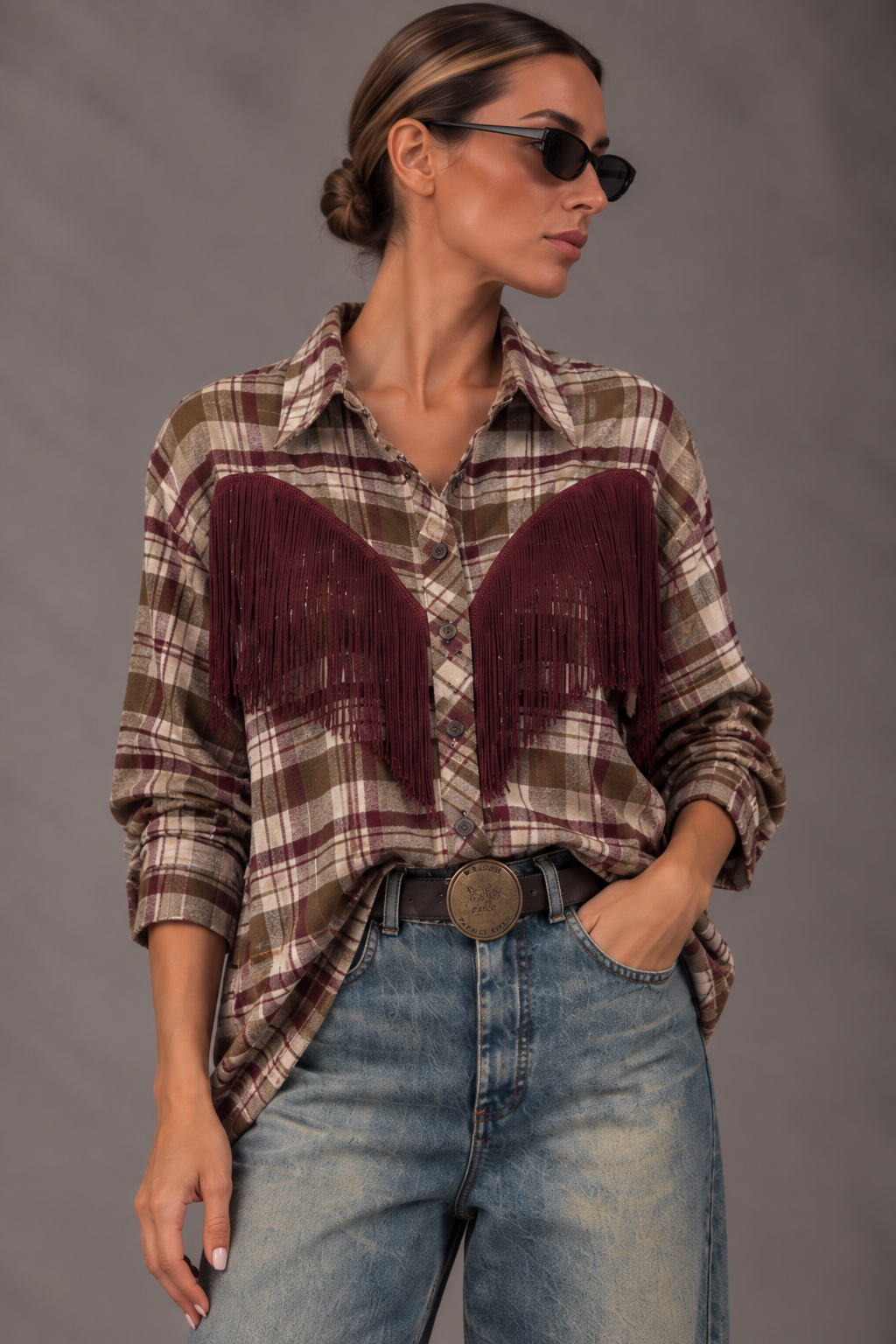 Camicia check frange beige/bordeaux
