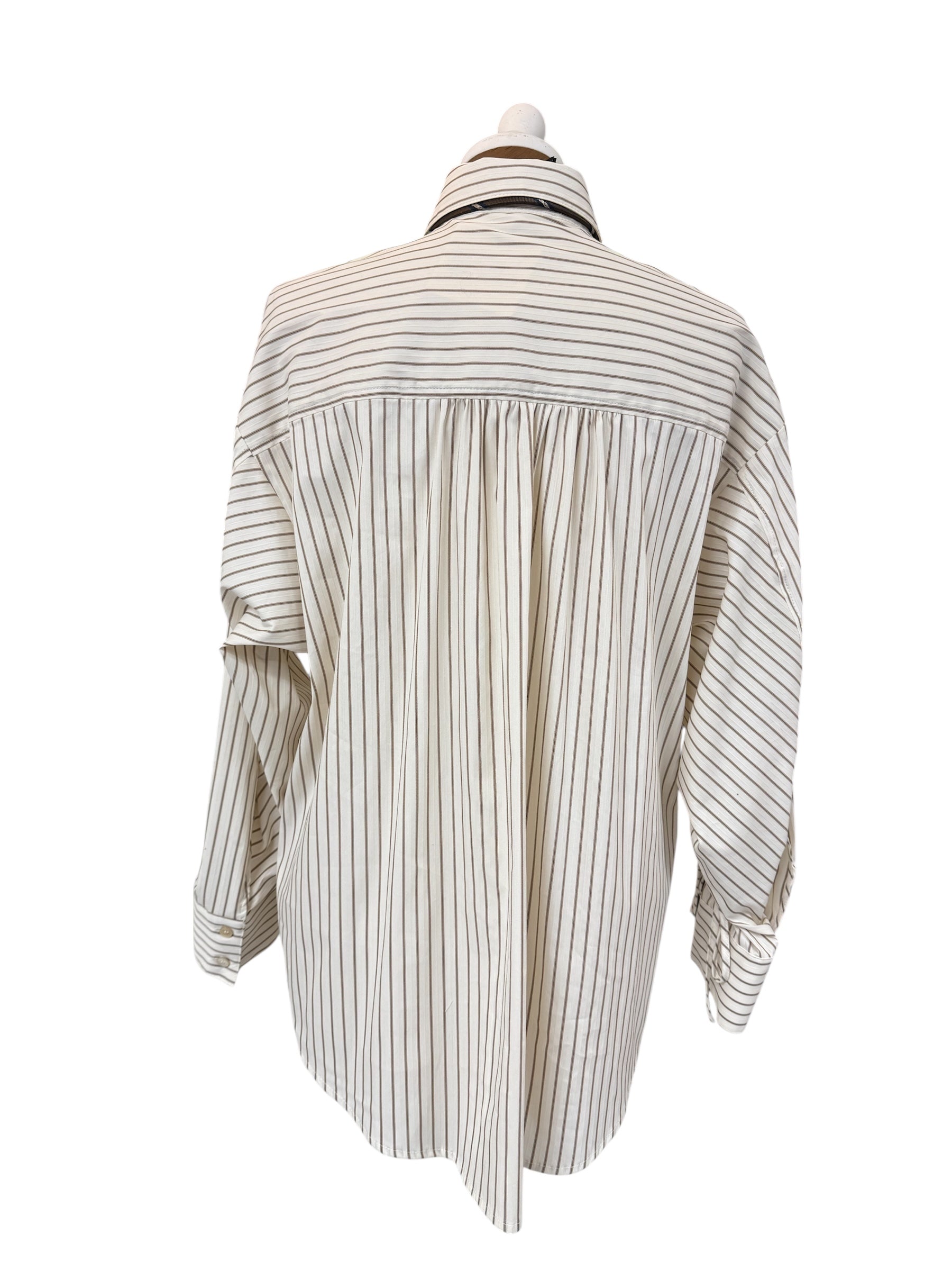 Camicia a righe beige manica arriccio + cravatta