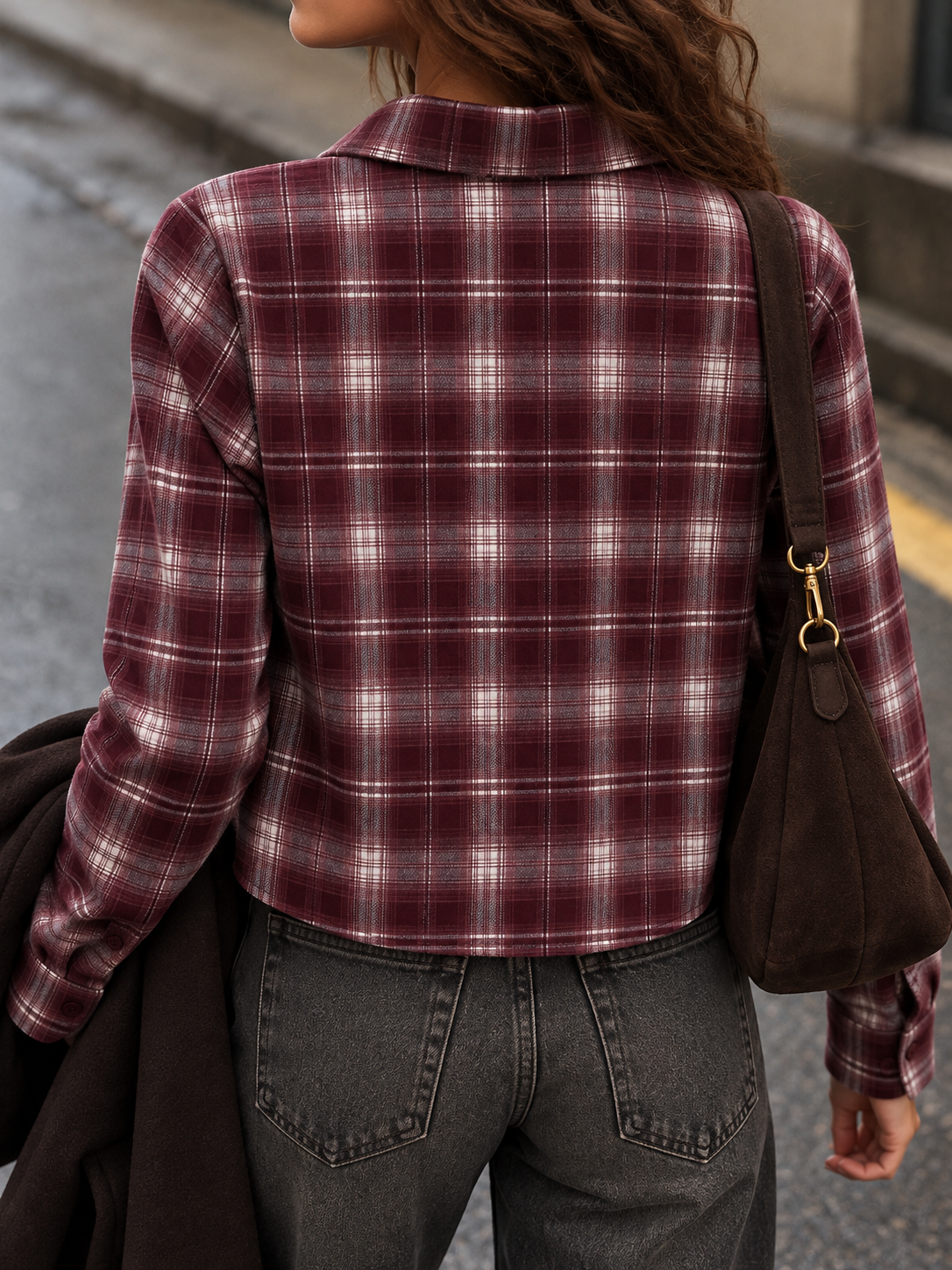 Camicia crop check bianca/bordeaux