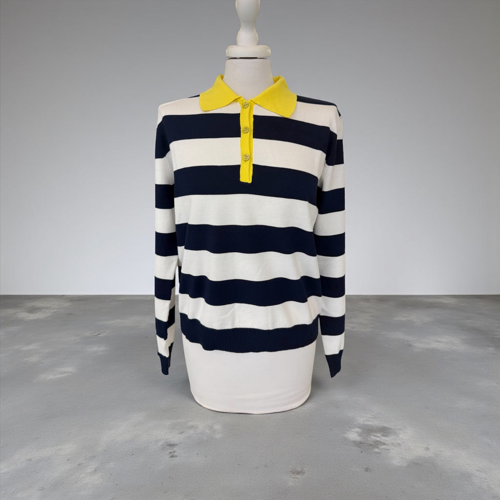 Polo rigata bco/blu collo giallo