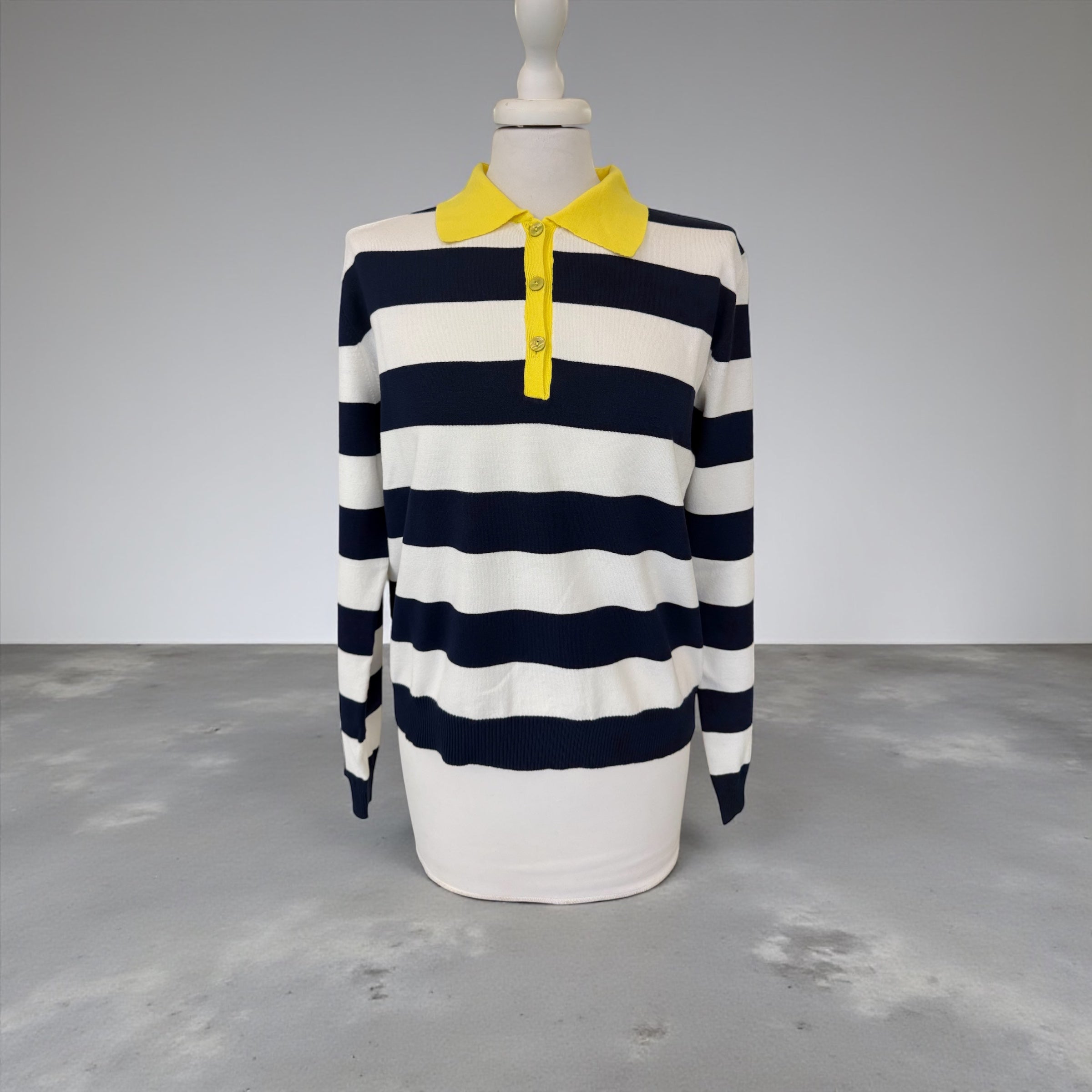 Polo rigata bco/blu collo giallo