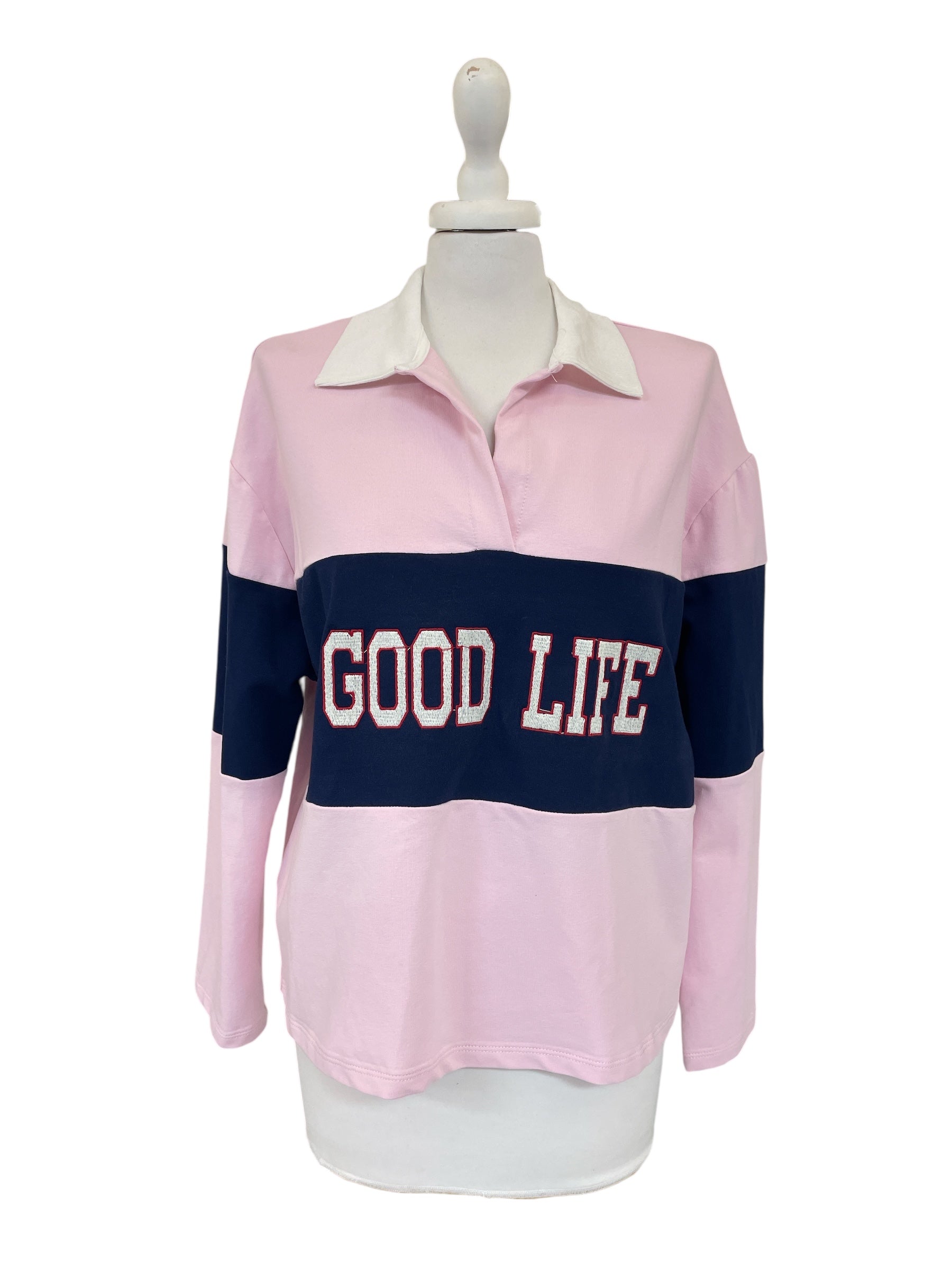 Polo Jersey scritta rosa/blu/panna