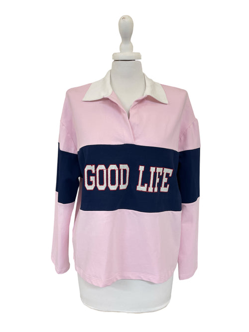 Polo Jersey scritta rosa/blu/panna