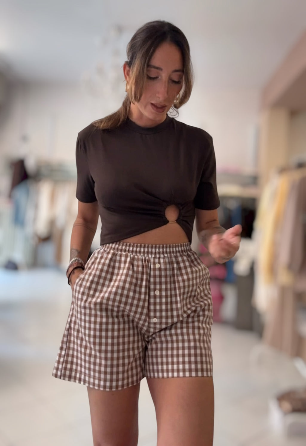 Short vichì marrone/panna
