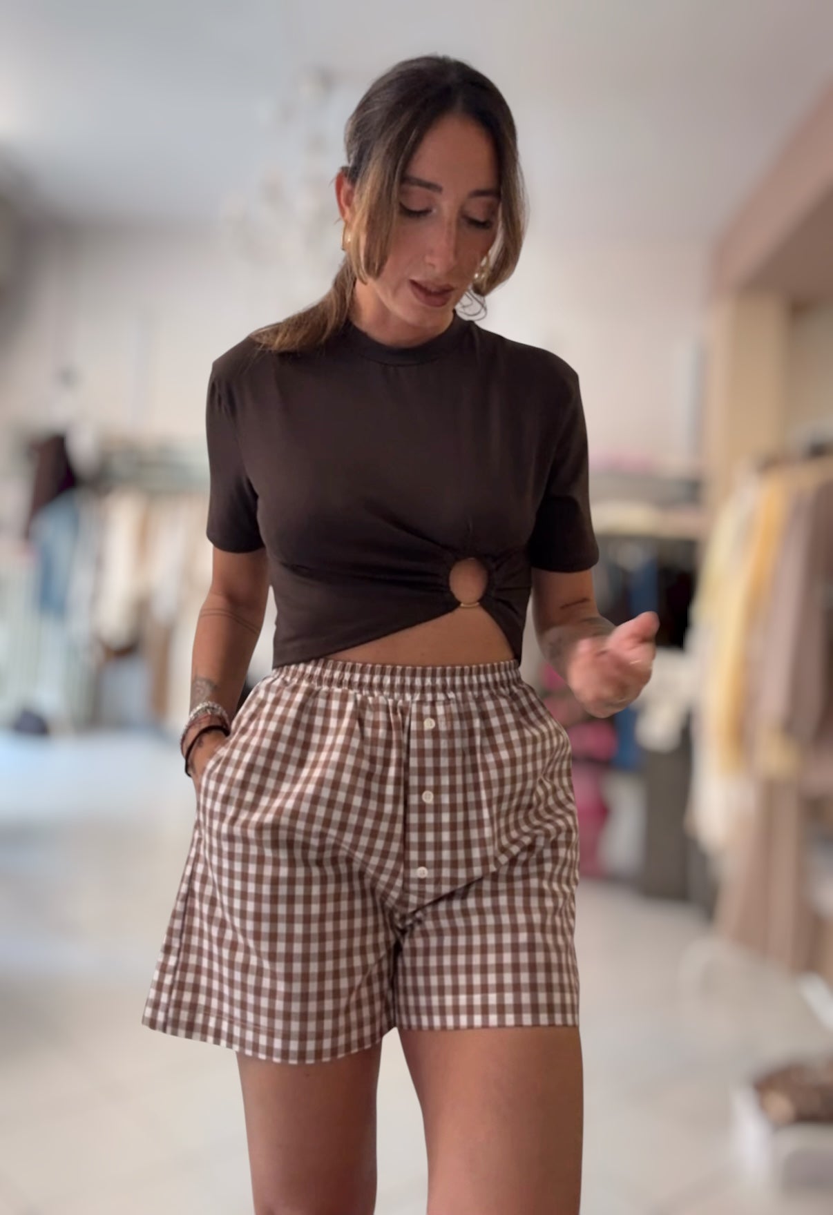 Short vichì marrone/panna