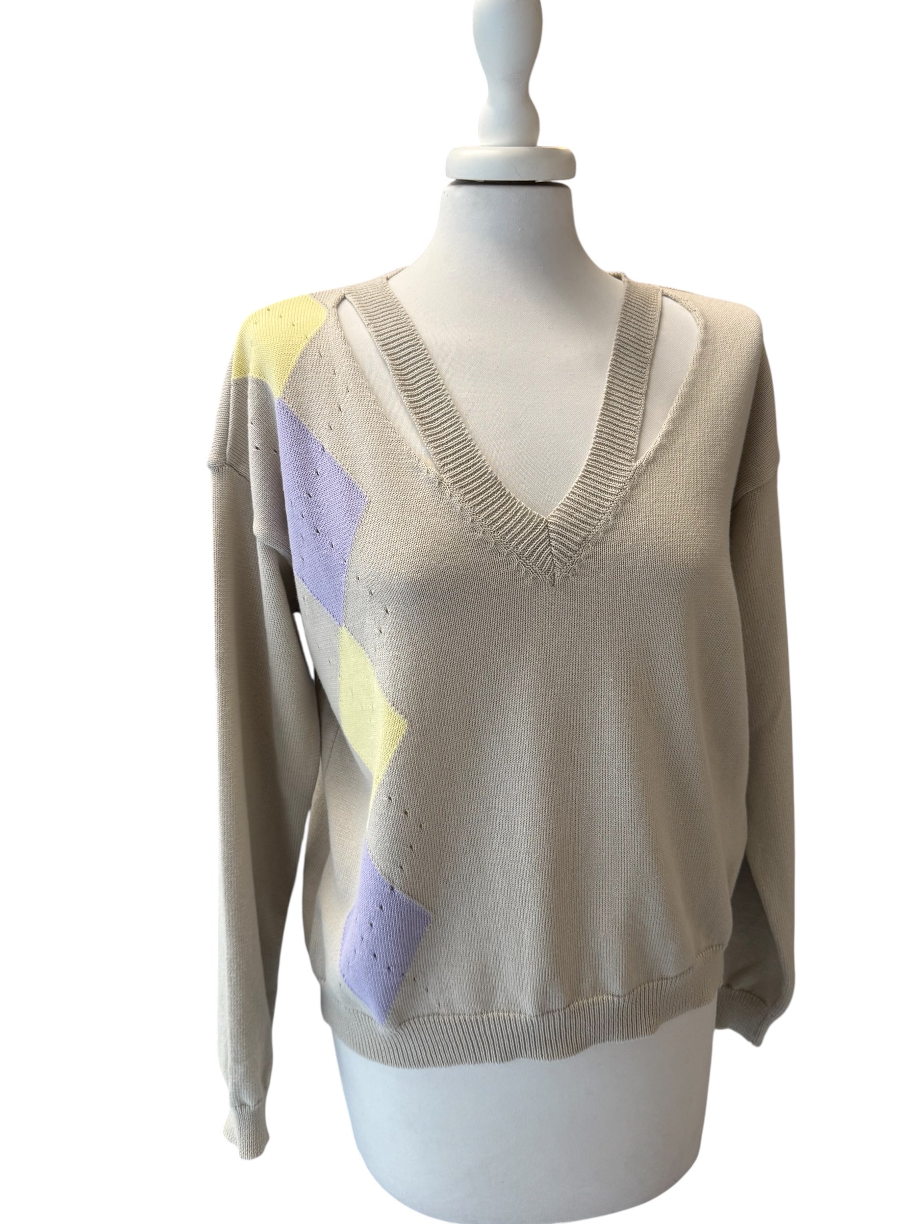 Maglia beige cutout rombi lilla/giallo