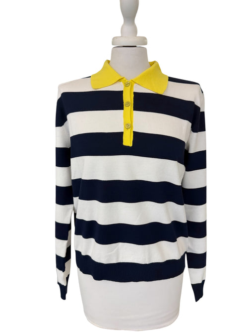 Polo rigata bco/blu collo giallo