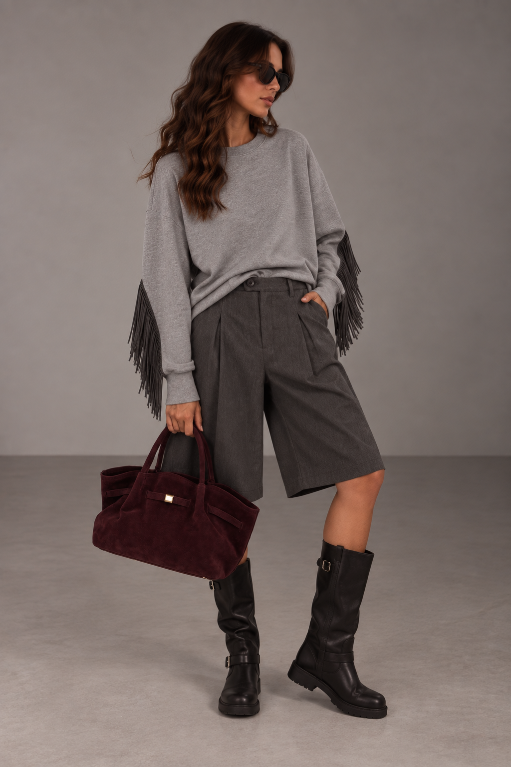Maglia mélange/piombo con frange