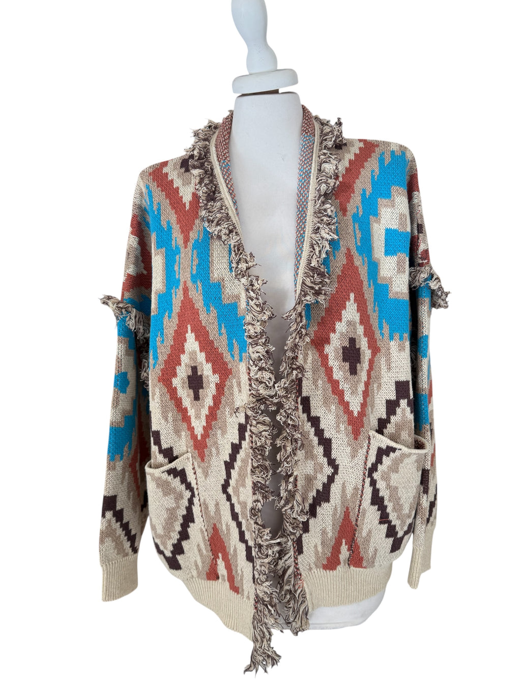 Cardigan rombi alanui beige/bruciato/turchese
