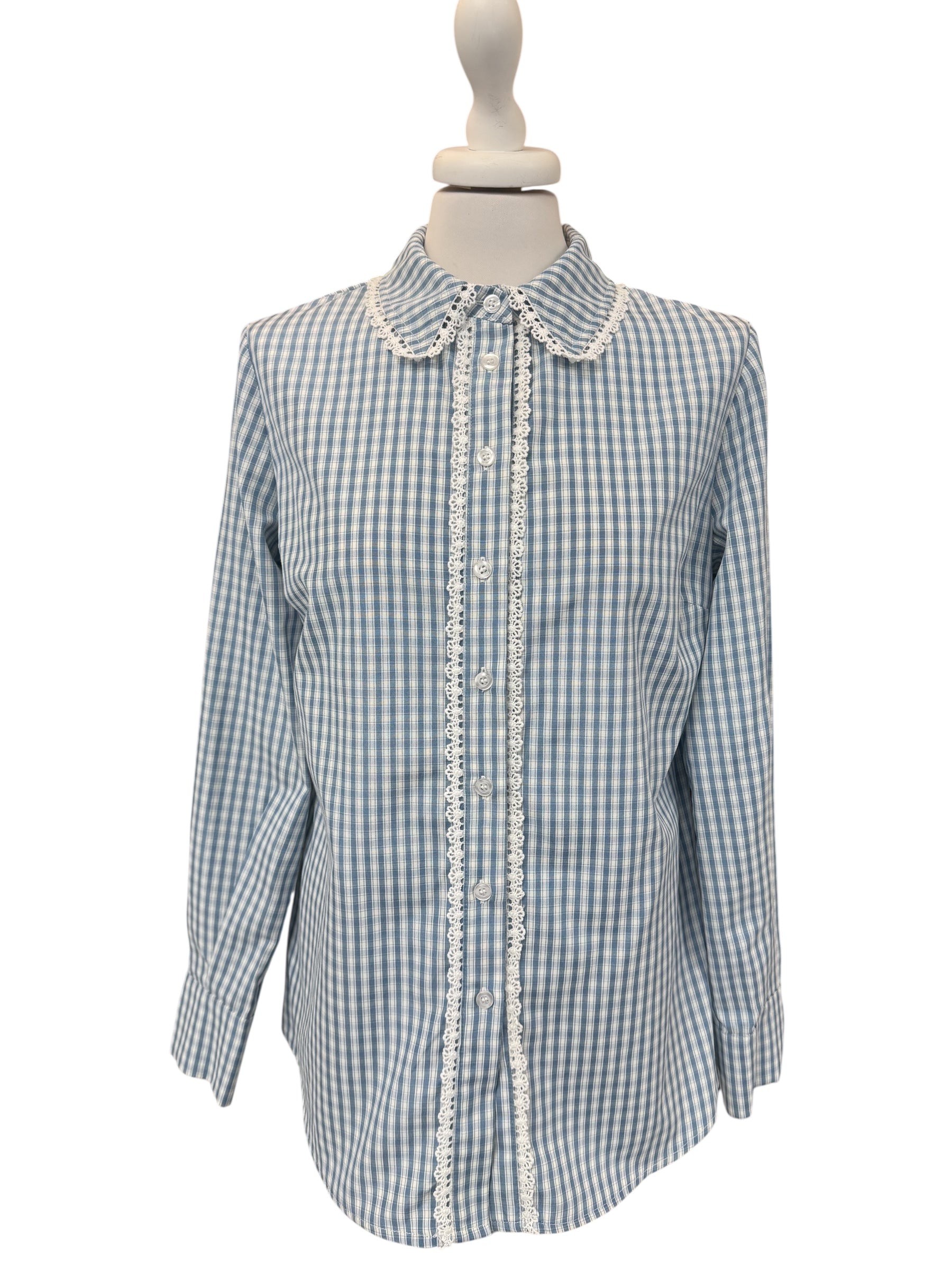 Camicia quadretti azzurro/bco con pizzo