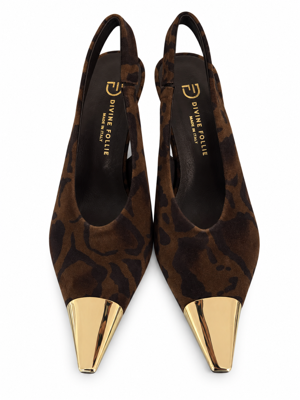 Sling back maculata alta con punta in metallo