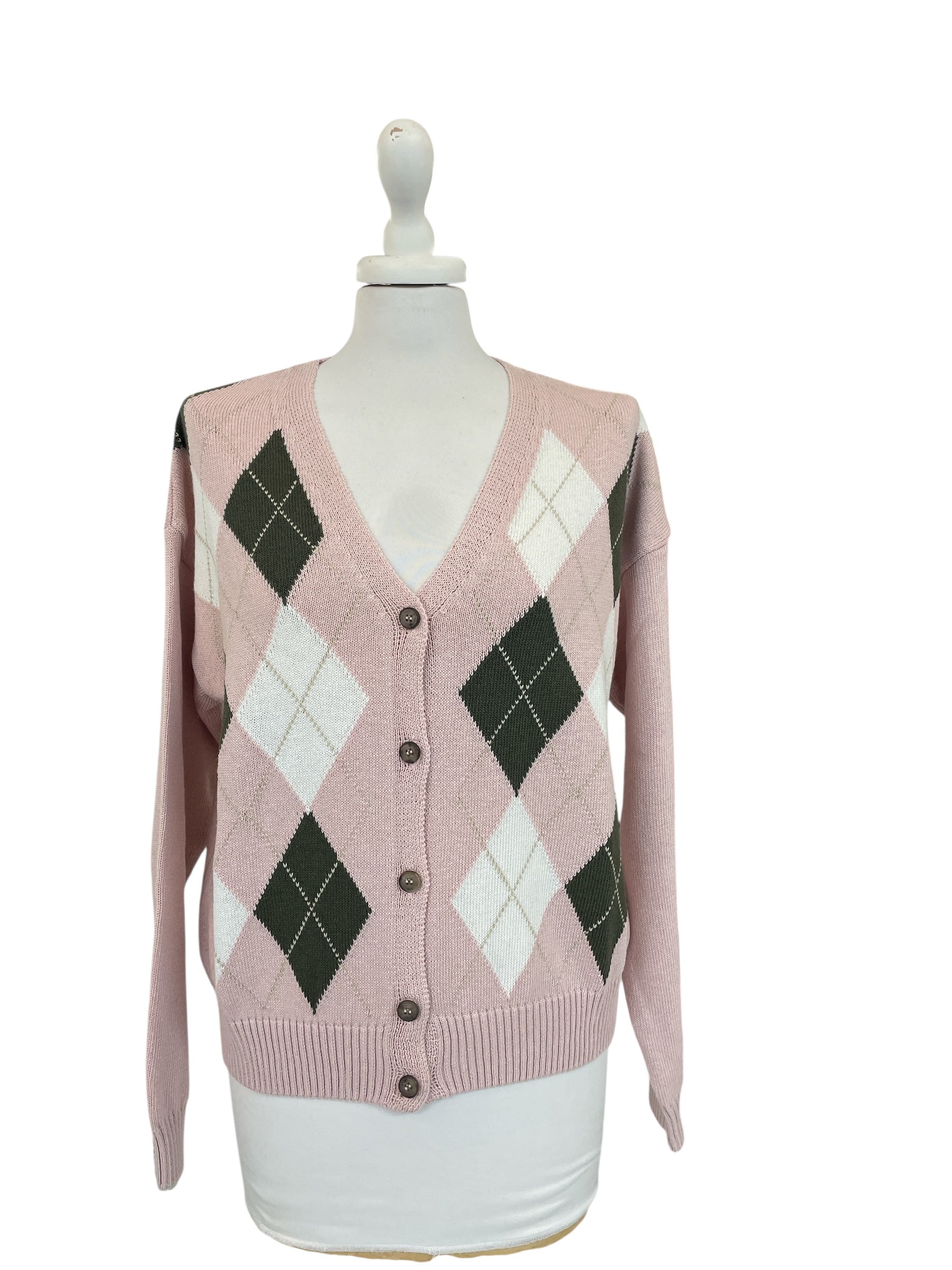 Cardigan rosa con rombi bianco e verde 50%cotone 50%acrilico lavaggio a mano