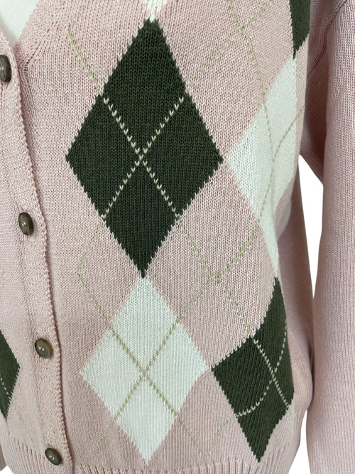 Cardigan rosa con rombi bianco e verde 50%cotone 50%acrilico lavaggio a mano